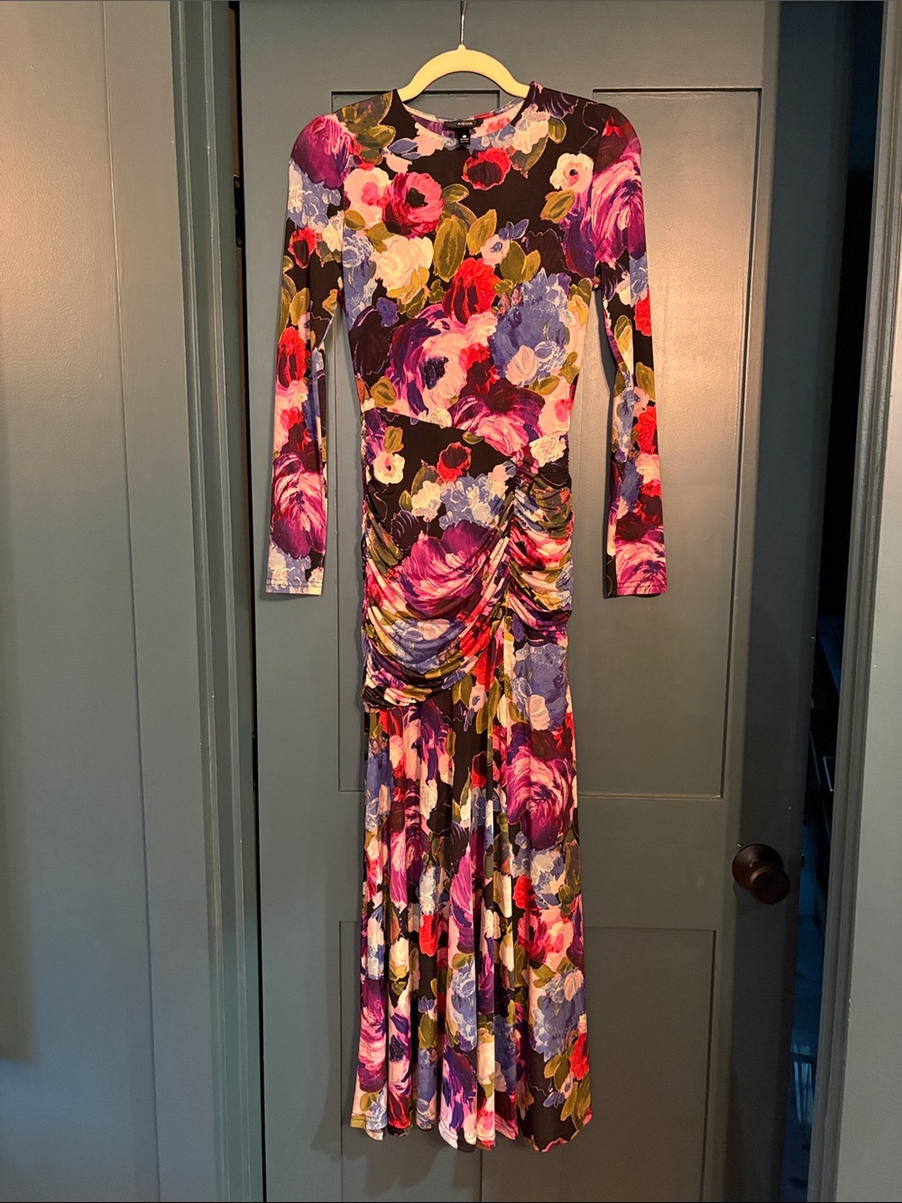 Aqua Black Floral Long Sleeve Ruched Maxi Dress